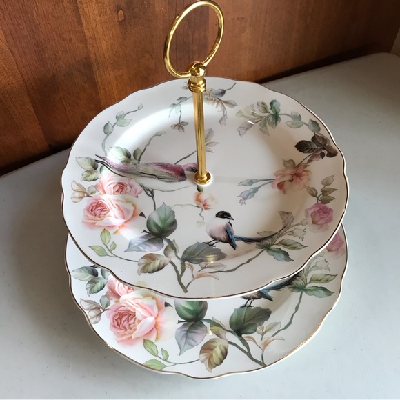 Grace Teaware Double Tiered Porcelain Serving Plate Floral Bird - Picture 3 of 11